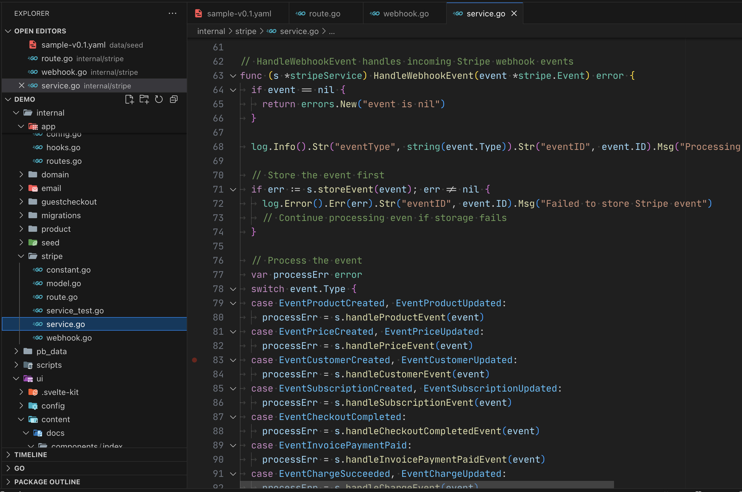 Stripe Integration code screenshot